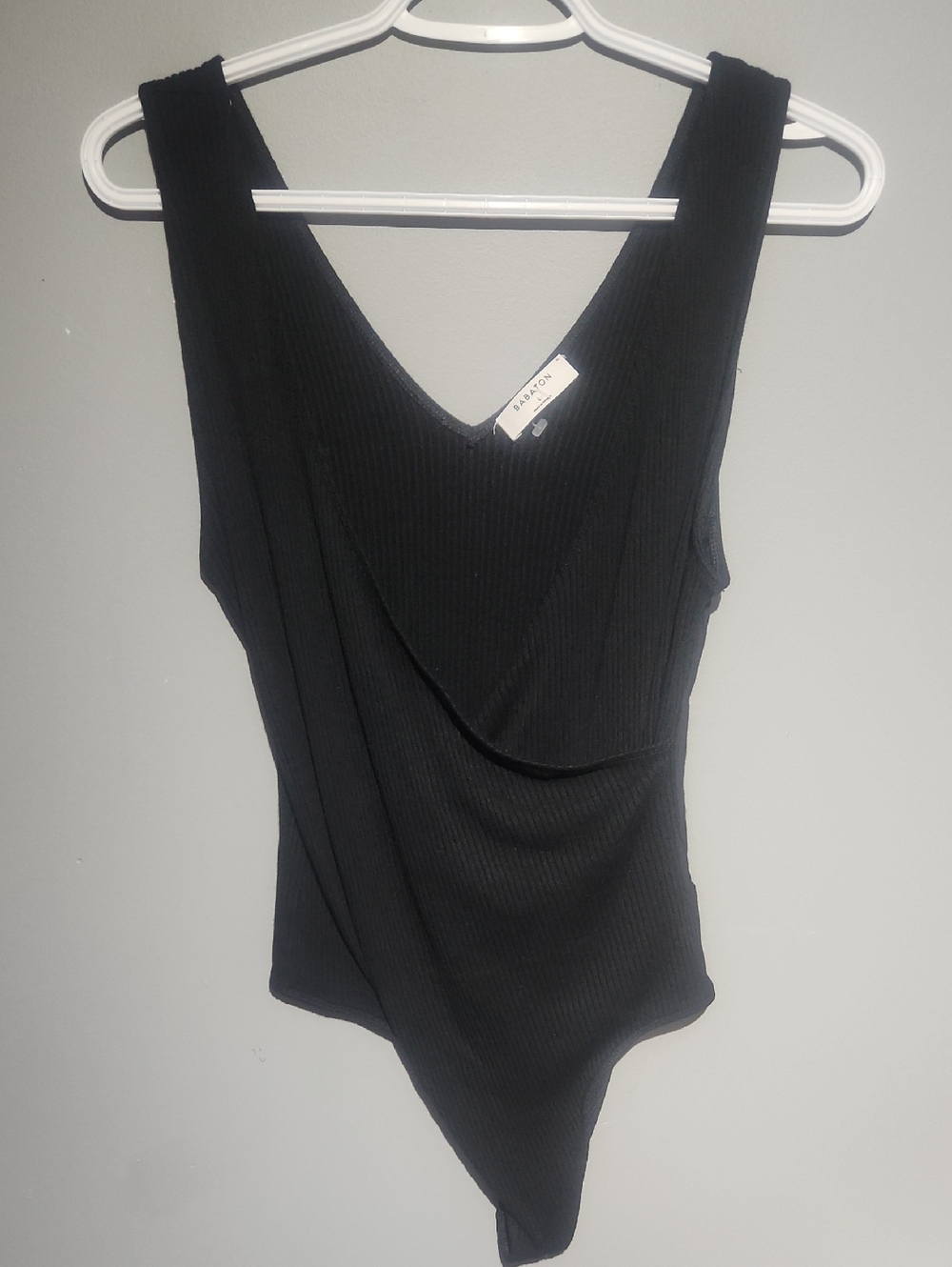 Babaton Black Ribbed V-Neck Draped Bodysuit